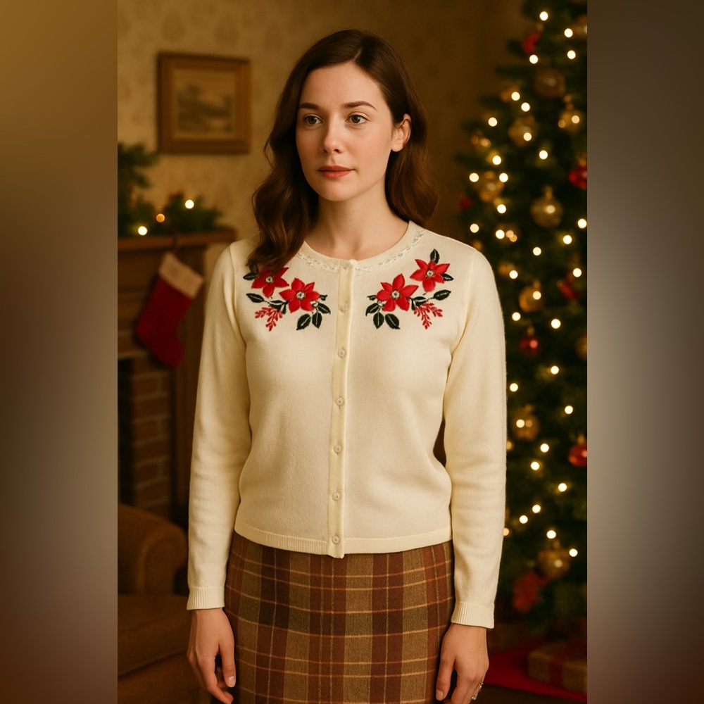 Classic Elements Cream Beaded Floral Holiday Cardigan Sweater Size M